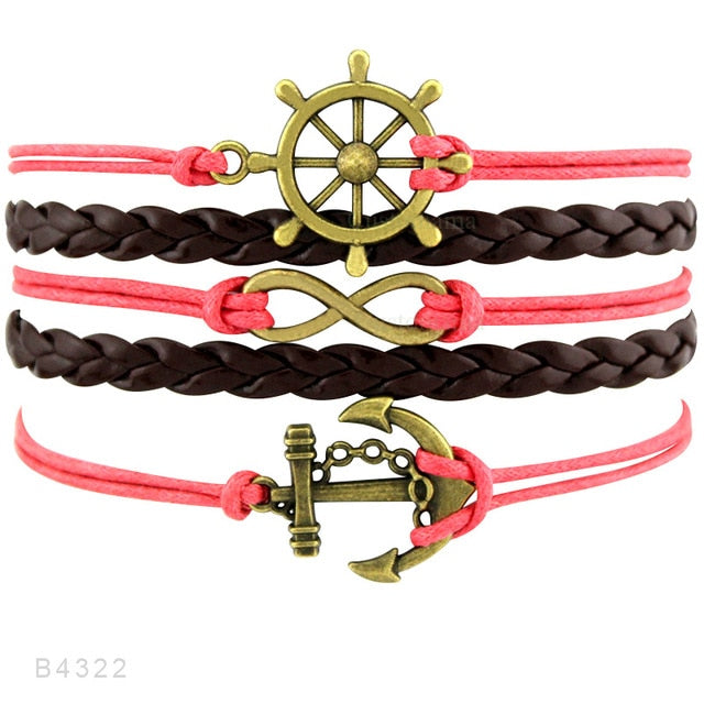 Rudder Compass Sailing Infinity Charm Bracelets Heart Cross Arrow Jewelry Black Blue Red Wax Cord Women Men Unisex Girl Gift