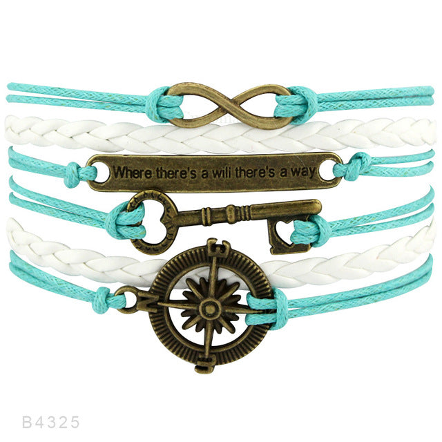 Rudder Compass Sailing Infinity Charm Bracelets Heart Cross Arrow Jewelry Black Blue Red Wax Cord Women Men Unisex Girl Gift