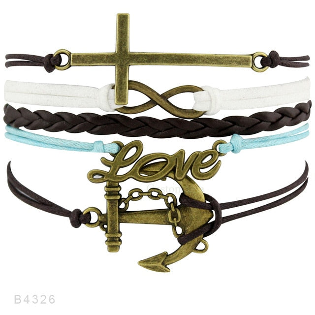 Rudder Compass Sailing Infinity Charm Bracelets Heart Cross Arrow Jewelry Black Blue Red Wax Cord Women Men Unisex Girl Gift