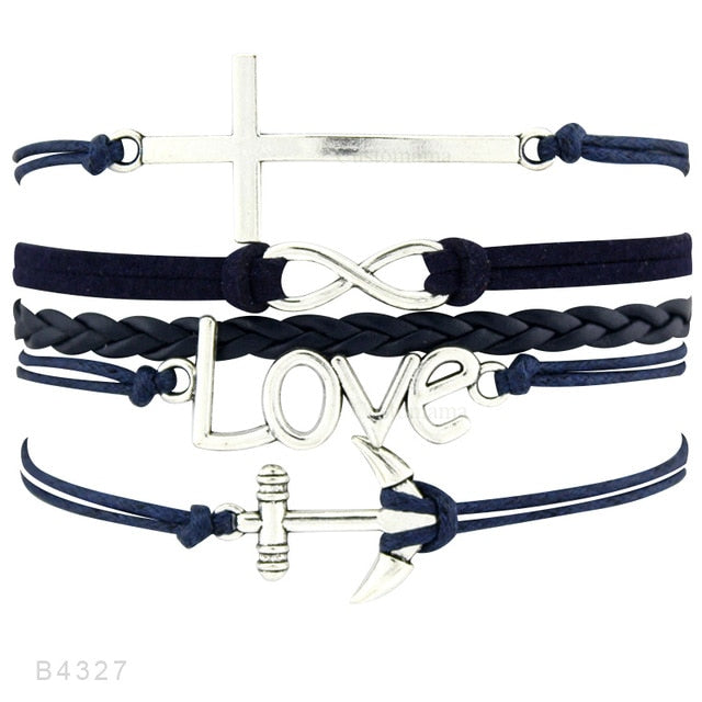 Rudder Compass Sailing Infinity Charm Bracelets Heart Cross Arrow Jewelry Black Blue Red Wax Cord Women Men Unisex Girl Gift