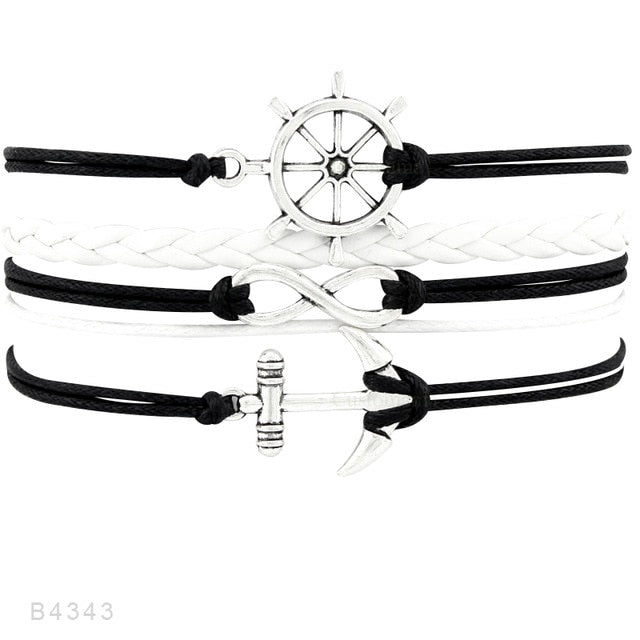 Rudder Compass Sailing Infinity Charm Bracelets Heart Cross Arrow Jewelry Black Blue Red Wax Cord Women Men Unisex Girl Gift