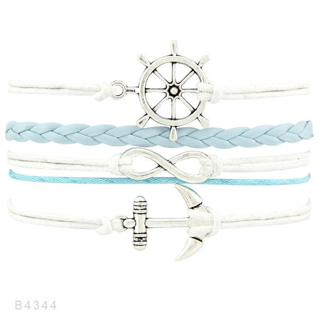 Rudder Compass Sailing Infinity Charm Bracelets Heart Cross Arrow Jewelry Black Blue Red Wax Cord Women Men Unisex Girl Gift