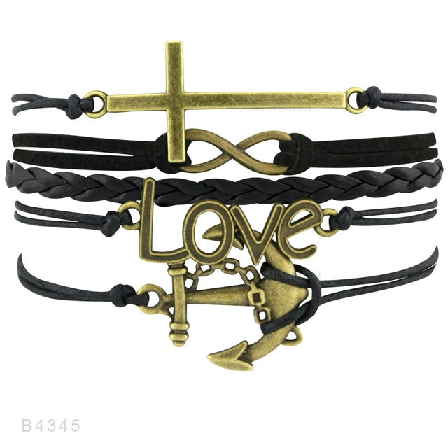 Rudder Compass Sailing Infinity Charm Bracelets Heart Cross Arrow Jewelry Black Blue Red Wax Cord Women Men Unisex Girl Gift