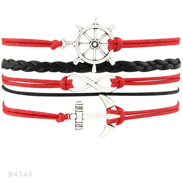 Rudder Compass Sailing Infinity Charm Bracelets Heart Cross Arrow Jewelry Black Blue Red Wax Cord Women Men Unisex Girl Gift
