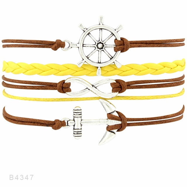 Rudder Compass Sailing Infinity Charm Bracelets Heart Cross Arrow Jewelry Black Blue Red Wax Cord Women Men Unisex Girl Gift