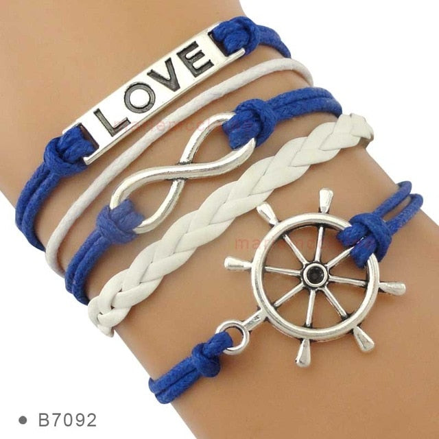 Rudder Compass Sailing Infinity Charm Bracelets Heart Cross Arrow Jewelry Black Blue Red Wax Cord Women Men Unisex Girl Gift