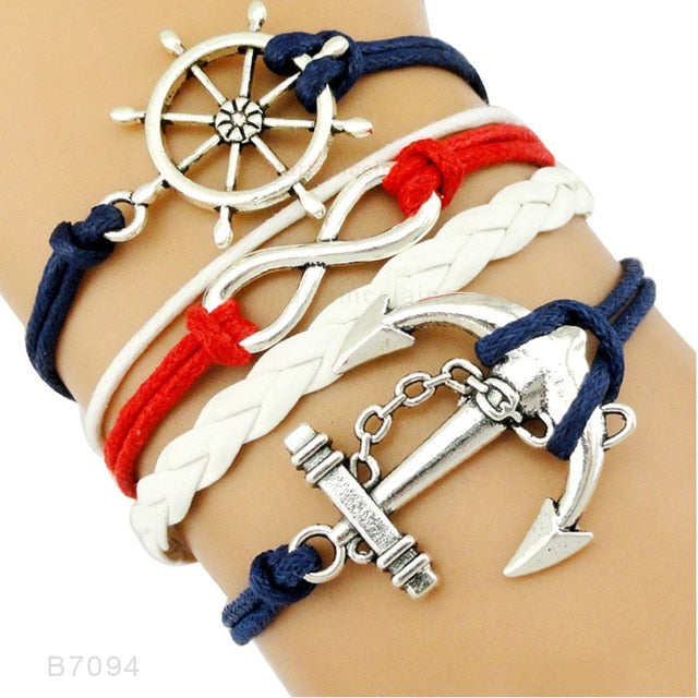 Rudder Compass Sailing Infinity Charm Bracelets Heart Cross Arrow Jewelry Black Blue Red Wax Cord Women Men Unisex Girl Gift