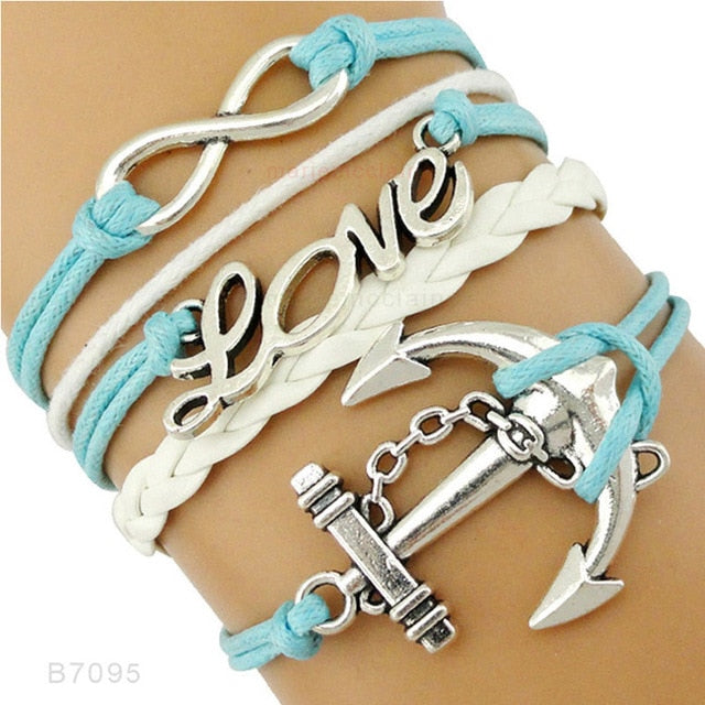 Rudder Compass Sailing Infinity Charm Bracelets Heart Cross Arrow Jewelry Black Blue Red Wax Cord Women Men Unisex Girl Gift