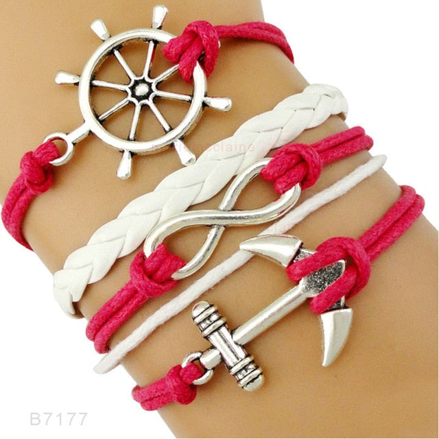 Rudder Compass Sailing Infinity Charm Bracelets Heart Cross Arrow Jewelry Black Blue Red Wax Cord Women Men Unisex Girl Gift
