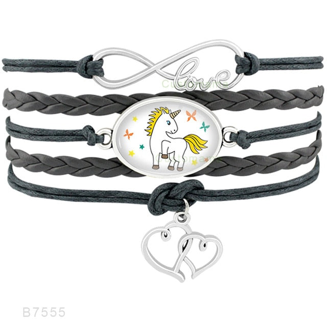 Unicorn Horse Bracelets Animal Heart Infinity Love 18*25mm Dome Cabochon Charm Leather Jewelry  Women Men Girl Boy Unisex Gift