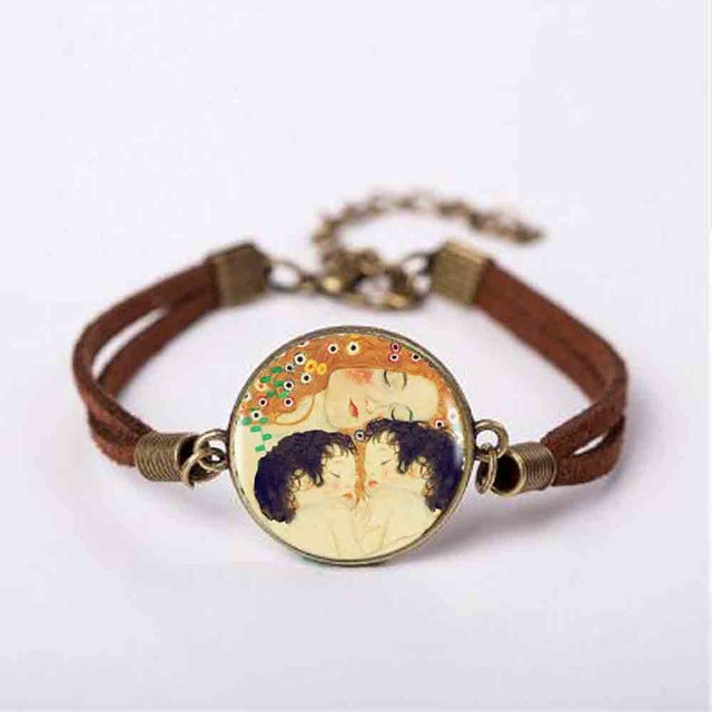 New Mother and Child by Gustav Klimt Art Photo Pendant Jewelry Vintage Fashion Leather Bracelet Gift Women Chain Men Necklace