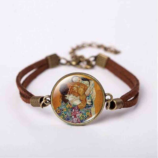 New Mother and Child by Gustav Klimt Art Photo Pendant Jewelry Vintage Fashion Leather Bracelet Gift Women Chain Men Necklace