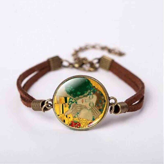 New Mother and Child by Gustav Klimt Art Photo Pendant Jewelry Vintage Fashion Leather Bracelet Gift Women Chain Men Necklace