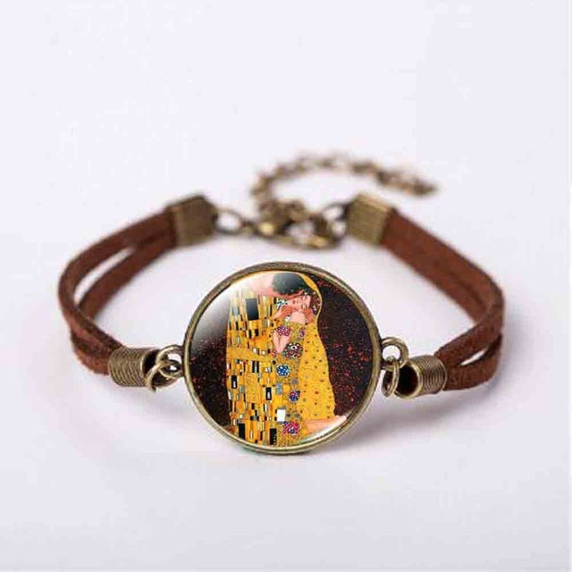 New Mother and Child by Gustav Klimt Art Photo Pendant Jewelry Vintage Fashion Leather Bracelet Gift Women Chain Men Necklace
