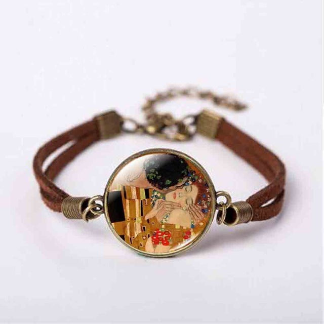 New Mother and Child by Gustav Klimt Art Photo Pendant Jewelry Vintage Fashion Leather Bracelet Gift Women Chain Men Necklace