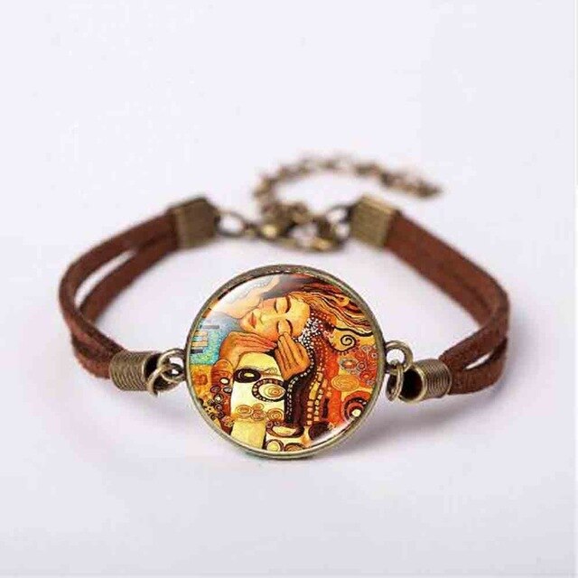 New Mother and Child by Gustav Klimt Art Photo Pendant Jewelry Vintage Fashion Leather Bracelet Gift Women Chain Men Necklace