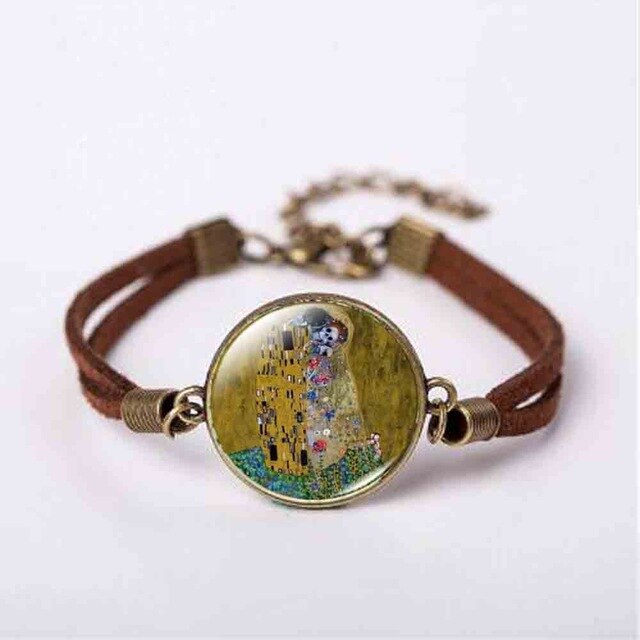 New Mother and Child by Gustav Klimt Art Photo Pendant Jewelry Vintage Fashion Leather Bracelet Gift Women Chain Men Necklace