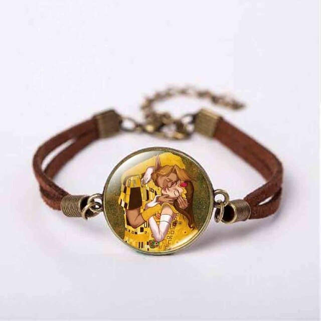 New Mother and Child by Gustav Klimt Art Photo Pendant Jewelry Vintage Fashion Leather Bracelet Gift Women Chain Men Necklace