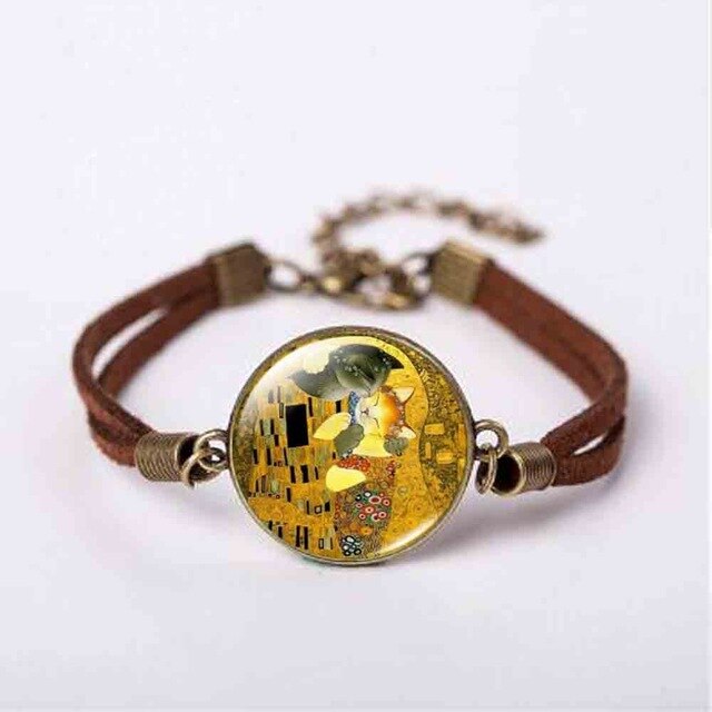 New Mother and Child by Gustav Klimt Art Photo Pendant Jewelry Vintage Fashion Leather Bracelet Gift Women Chain Men Necklace