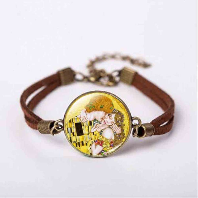 New Mother and Child by Gustav Klimt Art Photo Pendant Jewelry Vintage Fashion Leather Bracelet Gift Women Chain Men Necklace