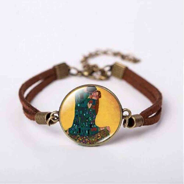 New Mother and Child by Gustav Klimt Art Photo Pendant Jewelry Vintage Fashion Leather Bracelet Gift Women Chain Men Necklace
