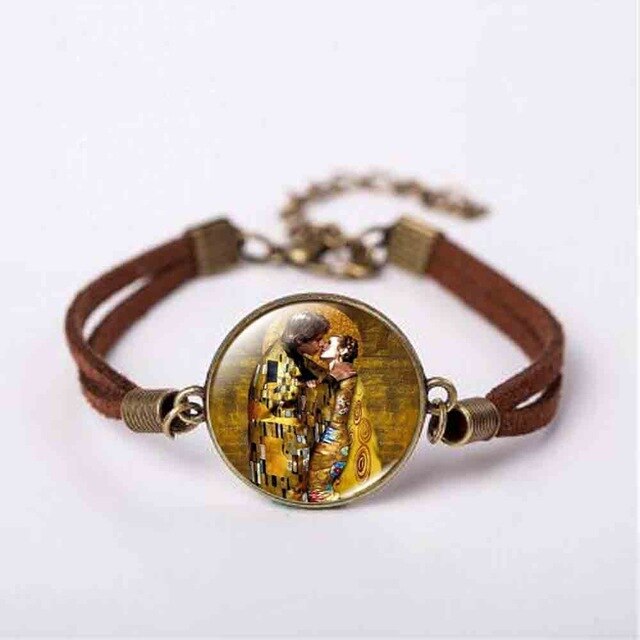New Mother and Child by Gustav Klimt Art Photo Pendant Jewelry Vintage Fashion Leather Bracelet Gift Women Chain Men Necklace