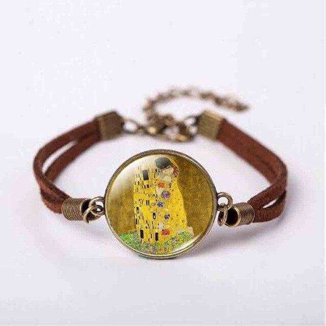New Mother and Child by Gustav Klimt Art Photo Pendant Jewelry Vintage Fashion Leather Bracelet Gift Women Chain Men Necklace