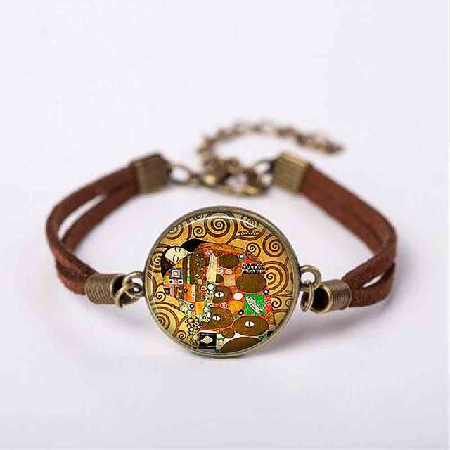 New Mother and Child by Gustav Klimt Art Photo Pendant Jewelry Vintage Fashion Leather Bracelet Gift Women Chain Men Necklace