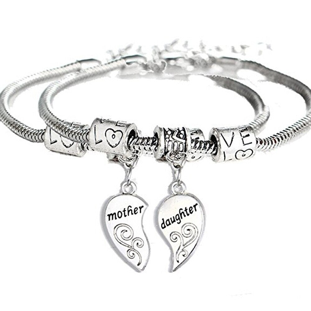 2pcs/set Matching Heart Charm Daughter Bangle Bracelets Jewelry for Mom or Daughter Family Mother & kids Gifts