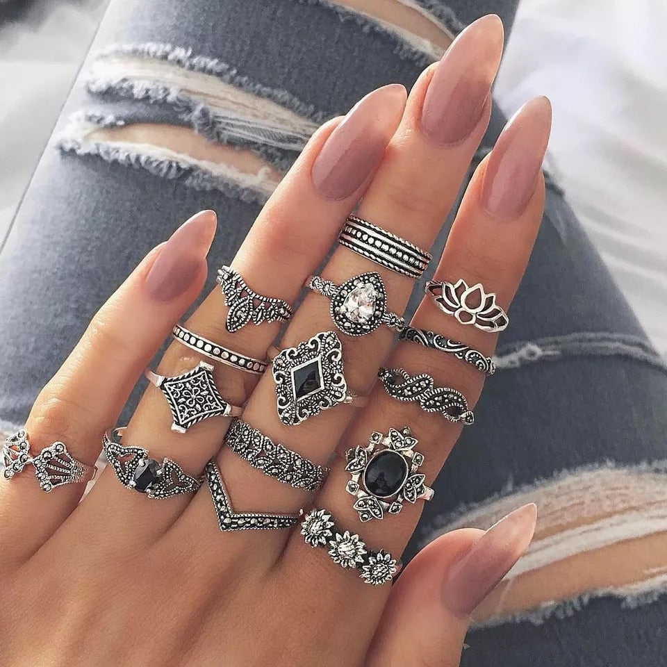 RAVIMOUR 15pcs/set Midi Kunckle Rings For Women Antique Geometric Lotus Boho Ring Set Bohemian Indian Jewelry Drop Shipping 2018
