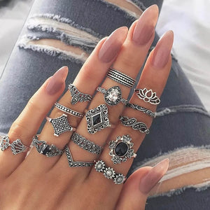 RAVIMOUR 15pcs/set Midi Kunckle Rings For Women Antique Geometric Lotus Boho Ring Set Bohemian Indian Jewelry Drop Shipping 2018
