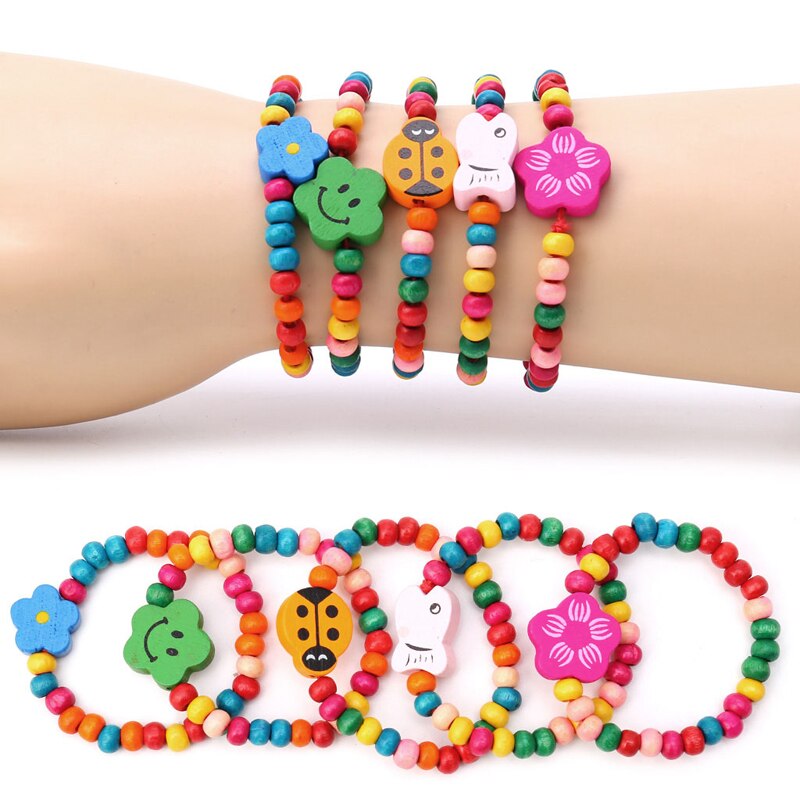 5Pc Lovely Kids Children Wood Elastic Bead Bracelets Birthday Party Jewelry Gift