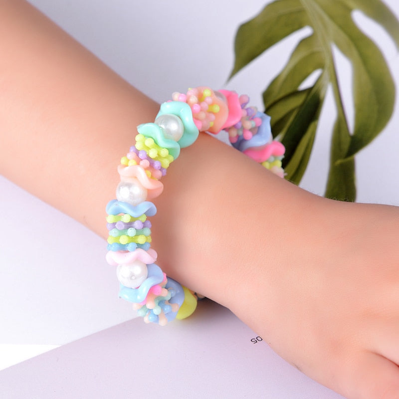 SUKI Children Elastic Bracelet Kids Girl Colorful Acrylic Imitation Pearl Beaded Child Toy Bangle Bracelet Birthday Gift Jewelry