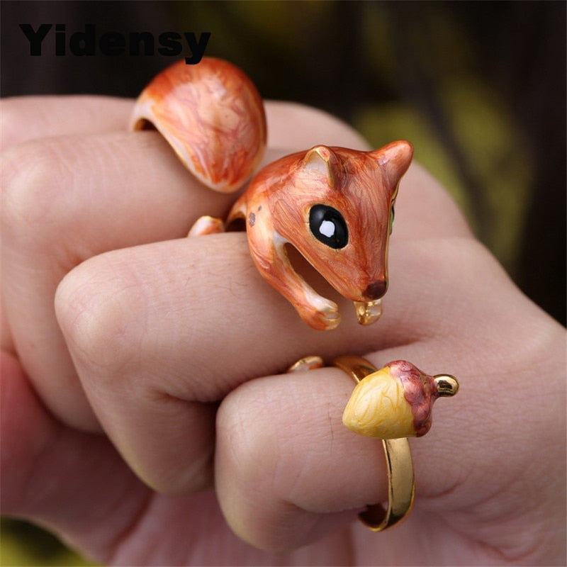 Yidensy 3Pcs/Set New Arrival Adjustable Cute Squirrel ring Tiny Animal Squirrel Enamel Ring Women Jewelry Anillos Bijoux