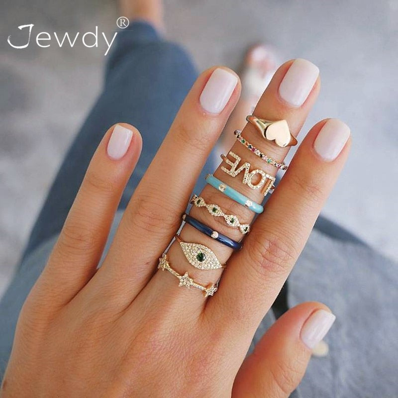 8 Pcs/ Set Bohemian Evil Eye Love Heart Star Crystal Rings for Women Gems Geometry Gold Midi Finger Jewelry Christmas Gifts 2019