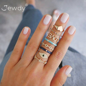 8 Pcs/ Set Bohemian Evil Eye Love Heart Star Crystal Rings for Women Gems Geometry Gold Midi Finger Jewelry Christmas Gifts 2019