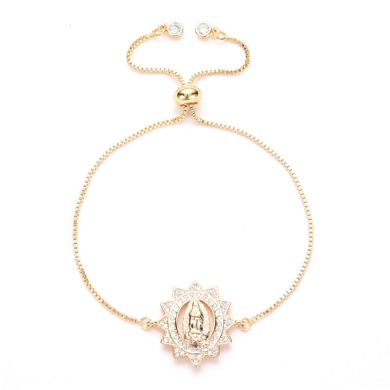 Micro Pave Cubic Zirconia Virgin Maria Mother Gold Chain Adjustable Bracelet Pulsera MBR180155