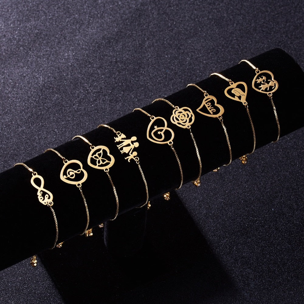 RINHOO Gold Color Stainless Steel Bracelets For Women Bangle Chain Jewelry Wedding Bride Heart Rose Family Mother Bracelet Gift