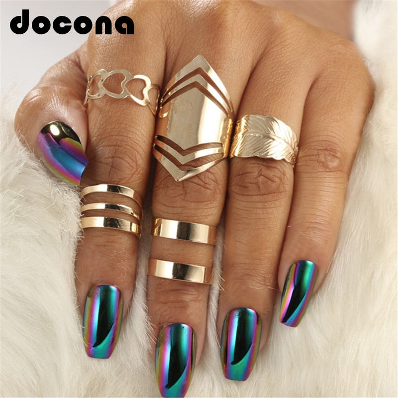 docona 5pcs/set Trendy Bague Punk Joint Circle Mid-Finger Rings Set for Women Adjustable Gold Hollow Party Ring 2707