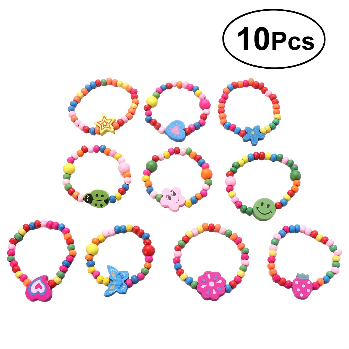 10pcs Natural Wood Kids Elastic Wooden Beads Bracelets Children Girls Party Gift (Random Color)