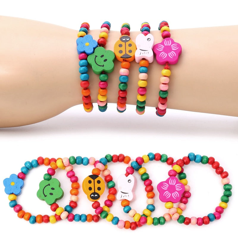 5Pc Lovely Kids Children Wood Elastic Bead Bracelets Birthday Party Jewelry Gift