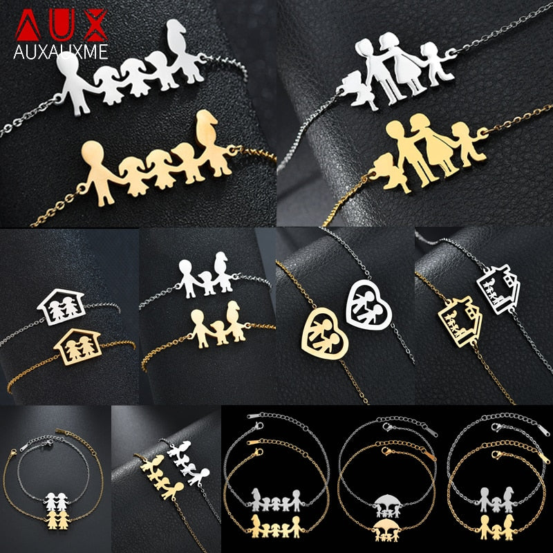 Auxauxme Top Quality Stainless Steel Family Bracelet Father Mother Girl Boy Family Gathering Gift Simple Style Figure Bracelet