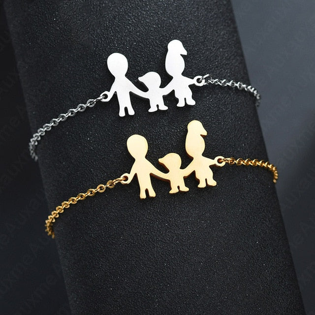 Auxauxme Top Quality Stainless Steel Family Bracelet Father Mother Girl Boy Family Gathering Gift Simple Style Figure Bracelet