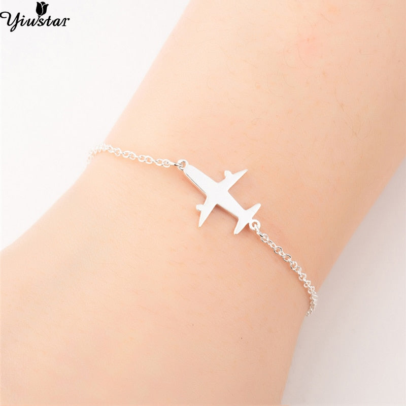 Yiustar Stainless Steel Plane Bracelet in Charm Bracelets Girls Cute Aircraft Airplane Chain Adjustable Outdoor Travel Jewelry