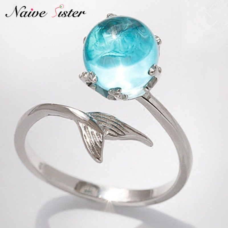 Silver Color Fishtail Blue Gem Crystal Mermaid Bubble Open Rings For Women Creative Fashion Party Birthday Gift Jewelry Anillo