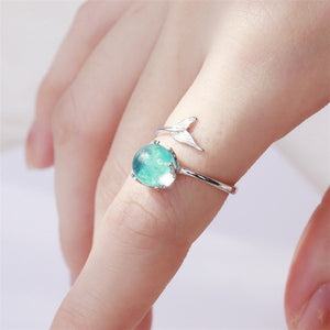 Silver Color Fishtail Blue Gem Crystal Mermaid Bubble Open Rings For Women Creative Fashion Party Birthday Gift Jewelry Anillo
