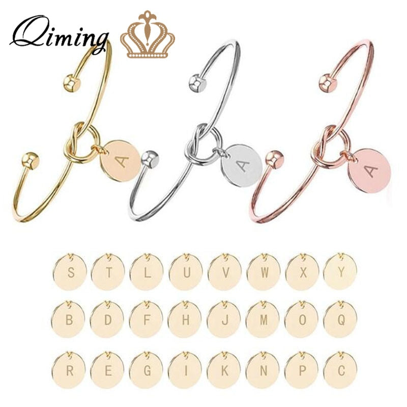 A-Z 26 Letters Knot Initial Bracelets Bangles Initial Charm Bracelet Girls Love Personalized Bangles for Women Jewelry Pulseiras
