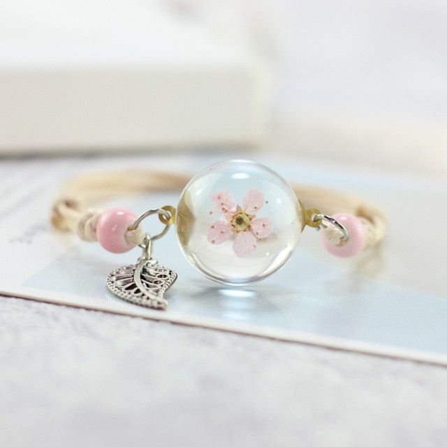 Glass Ball Dried Dandelion Bracelets Ceramic  Hand-made Dried Flower Charm Bracelets Girls Gifts Natural Flower Weave jewelry