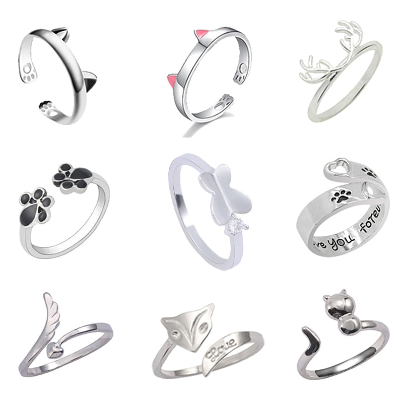 Fashion Pet Cat Footprints Water Drop Ring Simple Angel Wings Opening Adjustable Ring Personality Student Animal Jewelry Gift