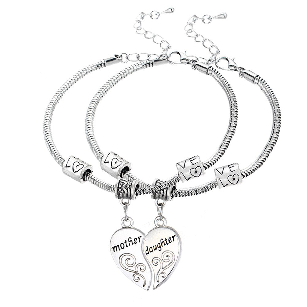 2PCS Silver Plated Mother Daughter Broken Heart Bracelet Bangle Mom Women Girl Femme Charm Statement Jewelry Party Wholesale